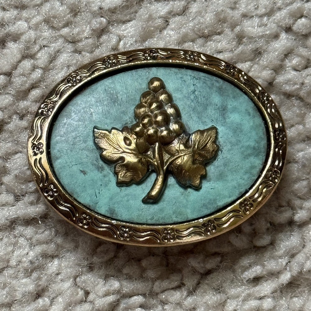 Vintage Gold Tone Grape Cluster Scarf Clip Teal Green Enamel Oval Scarf Ring