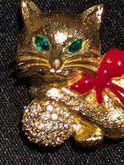 Napier Gold-Tone Green Eyed Cat With Rhinestone Ball Brooch, Signed