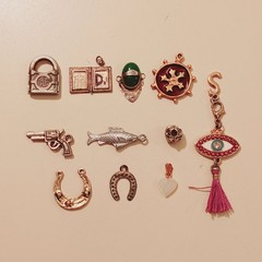 Vintage Silver Tone Charm Lot Yale Padlock Bible Gun Fish Horseshoe Jade Jewelry
