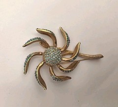 Vintage Signed Les Bernard Inc Blue/Green Crystal Movable Petal Flower Brooch
