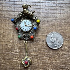 Vintage 1930s Signed Czech Dangle Pendulum Clock Brooch Glass Enamel & Porcelain