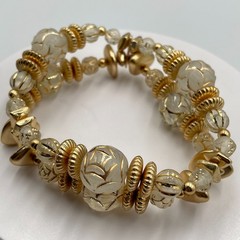 Vintage Y2K Gold Tone Clear Frosted Lucite Beaded Multi Layer Wrap Cuff Bracelet