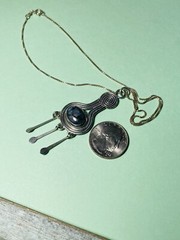 Vtg N/A? Tribal Obsidian Cab Dangle Paddle Pendant Sterling Silver Necklace-16″
