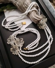 Glorious! Multi Strand MILK GLASS 30″ Necklace w/Frosted Acrylic Flower Accents!