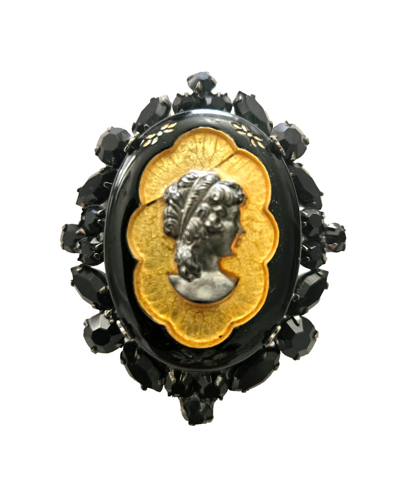 Vintage Mourning Style Cameo Brooch Black Jet Rhinestone Victorian Revival Goth