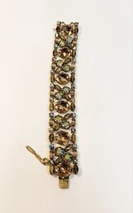 Vintage Schreiner Wide Bracelet Light Topaz AB Gold Rhinestones 7.5″