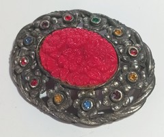 Vintage Dark Silver-tone Open Oval Brooch w/ Carved Glass? Floral Centerpiece