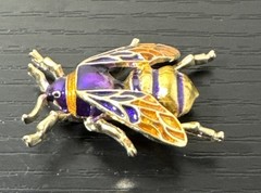 Vintage Gold Tone And Enamel Purple & Yellow Bumblebee Pin Brooch 1.5 In Long