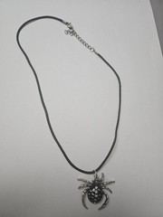 Vintage Style Spider Pendant Necklace Black Enamel Rhinestone Silver Tone Gothic