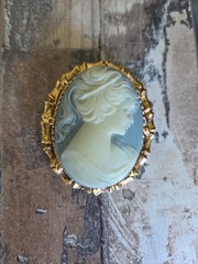 Vintage Cameo Brooch cream colored on blue background portrait