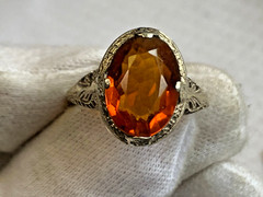 Vtg 14K White Gold Ring 3.51g Fine Jewelry Sz 7.5 Amber Color Oval Stone Prong