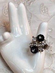 Vintage Silver Tone Adjustable Ring Clear Crystals Black Faceted Round Beads 7″