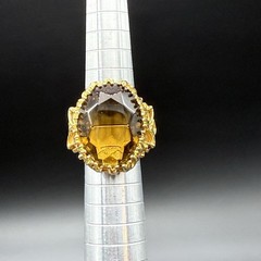 18K HGE Gold Tone Oval Faceted Brown Smoky Quartz Ornate Cocktail Ring Sz 4.75