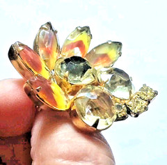 Vtg Two Tone Yellow Orange Rhinestone Brooch Pin Prong Jewelry Sm Gold Tone