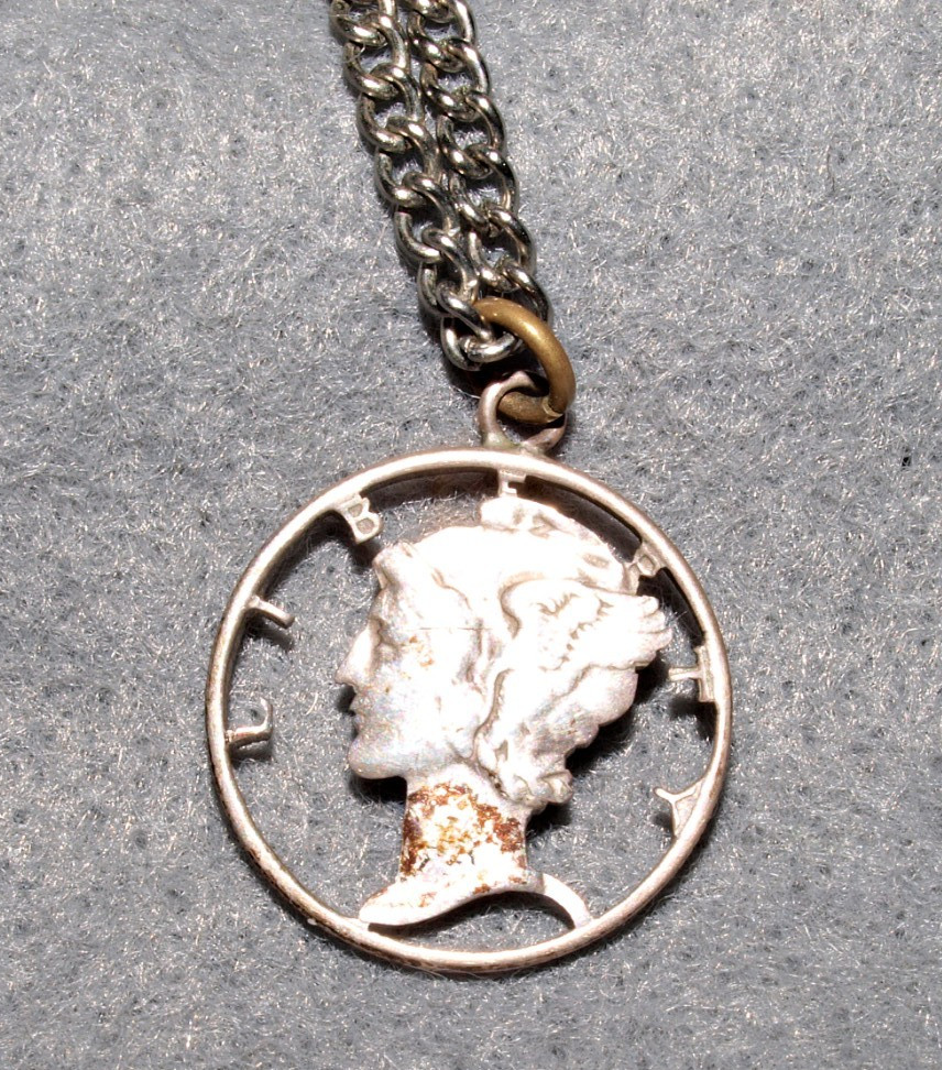 Mercury Dime Cutout Pendant with Silvertone Necklace