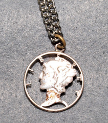 Mercury Dime Cutout Pendant with Silvertone Necklace