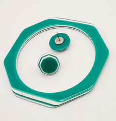 Green w White Stripe Octagon Shape Vintage Pierced Earrings Bangle Bracelet Set