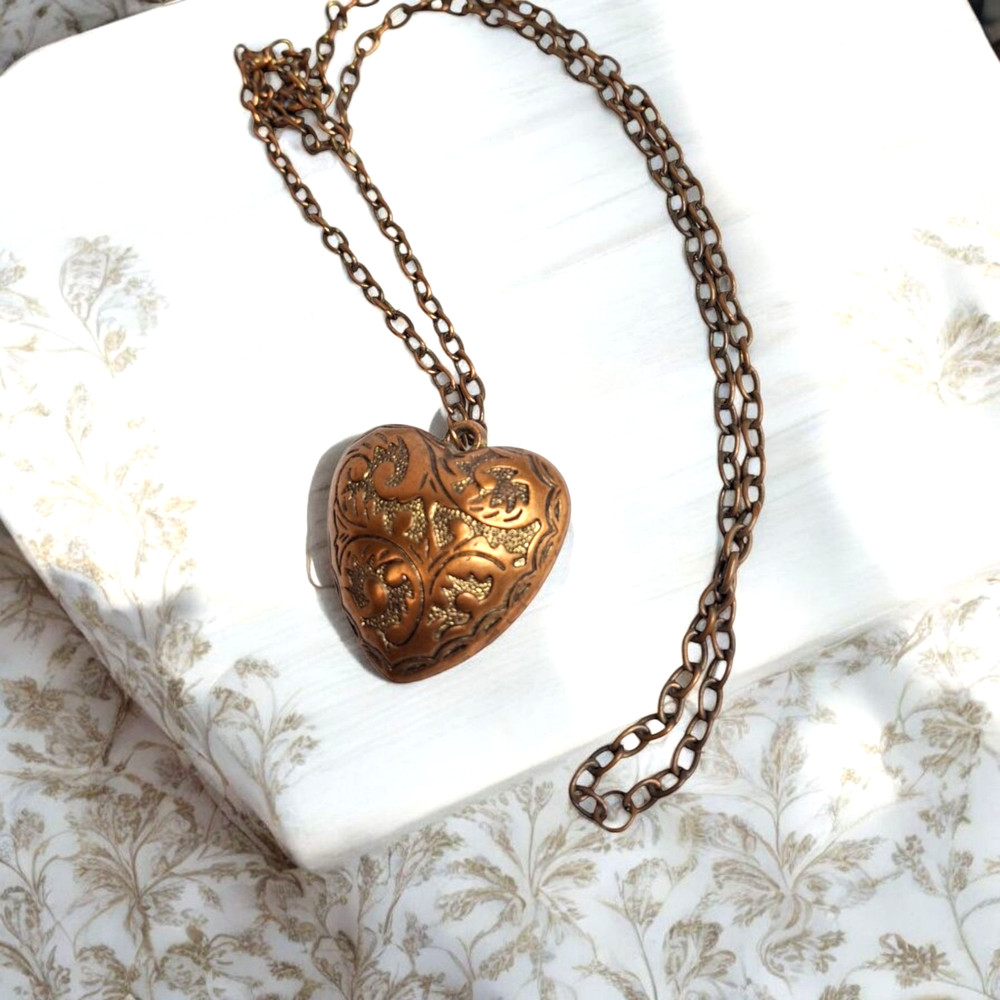 Vintage Puffy Heart Long Pendant Necklace Copper Retro Rockabilly Love Coquette