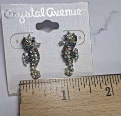 Vtg Seahorse Earrings Silver & Gold Tone Multi-color pierced Crystal Ave NOS