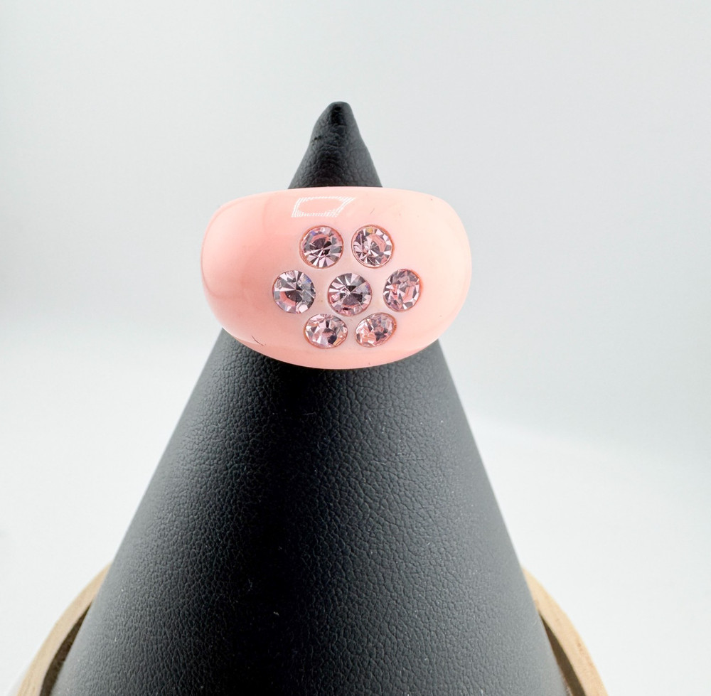 Vintage Pink Acrylic Dome Ring w/ Pink Rhinestones Y2K Chunky Statement