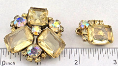 Vintage Light Yellow Open Back Rhinestone Flower Brooch Pin Clip Earrings Set