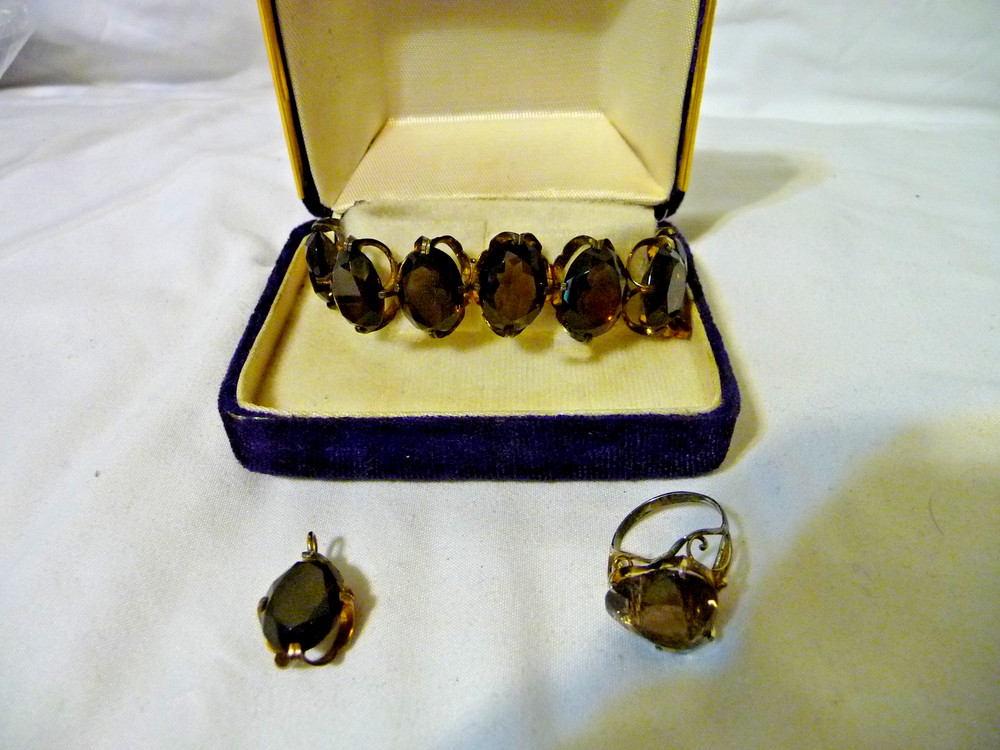 Antique Silver Smoky Quartz Deco Style Bracelet Ring & Pendant Set Large Stones