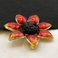 Vintage Swarovski Flower Brooch Red Enamel Black Swarovski Crystals Gold Tone