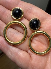 Vintage Monet Black & Gold Door Knocker Round Dangle Post Earrings