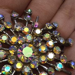 1950s A/B Rhinestone Brooch w Pendant Loop Atomic Snowflake Star Burst Sunburst
