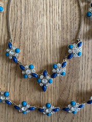 Vtg Avon JJH Blue Green Cabochon Clear Rhinestone Necklace Bracelet Earrings Set