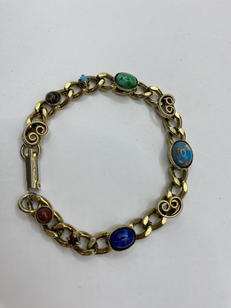 Bracelet Link Scroll Bezel Set Mixed Gemstones Gold Tone 7.5 Inches 1960 Vintage