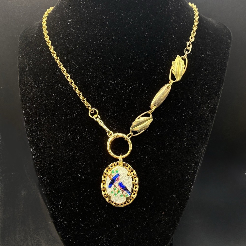 Vintage 12k Gold Filled Pocket Watch Chain FOB, Dog Clip, Guilloche Bluebird