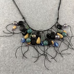 Teresa Goodall Vintage Resin Glass Bead Necklace Linen Cord Signed Boho Jewelry