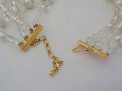 Vintage Four Strand Faux Pearl Bead Necklace Clear Plastic Gold Tone Metal Oval