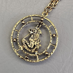 Vintage Celebrity Necklace Zodiac Round Pendant Antiqued Gold Tone Astrology 30″