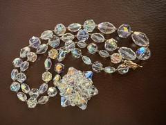 Vintage AB Coated Crystal Brooch Necklace Jewelry Set SPARKLY