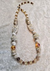 Vintage Long Graduated Topaz Cream Acrylic Porcelain Owl Beaded Necklace 26in
