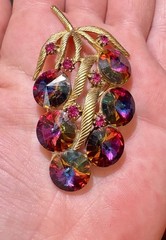 Vintage Watermelon Rivoli Rhinestone Leaf Brooch Gold Tone Pink Aurora Borealis