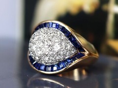 1960s French 0.80 Ct Sapphire 1.72 Ct Diamond 18k Yellow Gold Cocktail Ring