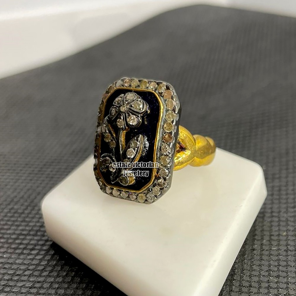 Stunning 1.35Ctw Genuine Old Mine Rose Cut Diamond Enamel Silver Victorian Ring