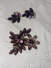 Purple Lavender Prong &cup Set Navette Rhinestone Brooch&ears 3”x3” & 1”x1.25”