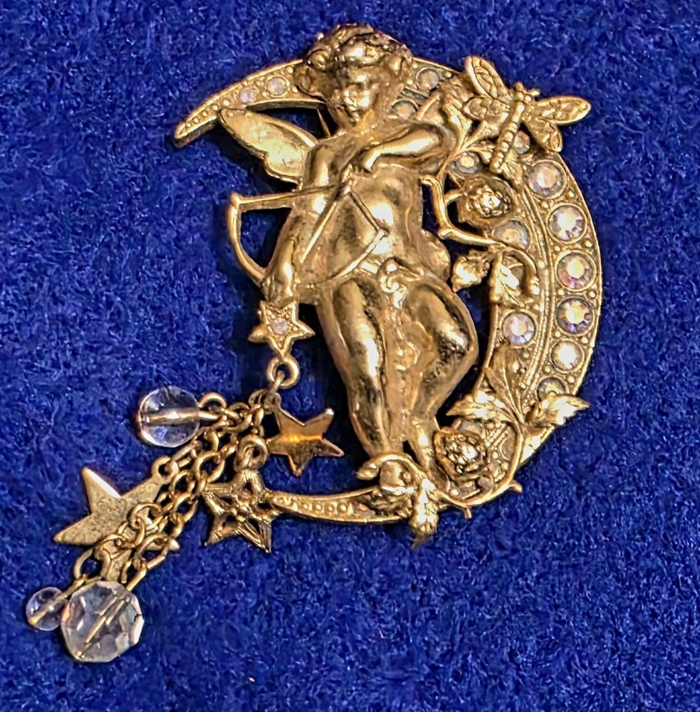 Vintage Kirks Folly Angel Cherub Moon & Stars Crystal Gold Tone Brooch Pin
