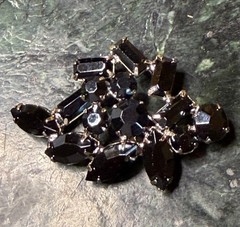 VTG MCM Signed “Continental” Black Rhinestone Japanned Floral Brooch 2″L x1.50″W