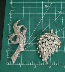 VTG 1950s Silver Tone Rhinestone Brooch Pin Lot Marquise Leaf Abstract Ribbon
