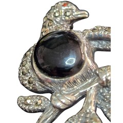 Vintage Sterling Silver, Onyx, Ruby and Marcasite Bird Brooch