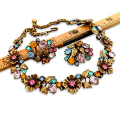 Vintage 1950s Signed LISNER Pastel Rhinestone Flower Leaf Necklace Earrings Set