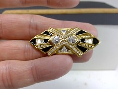 Vintage Signed Jackie Collins Gold Tone Metal Black Enamel & Rhinestone Brooch