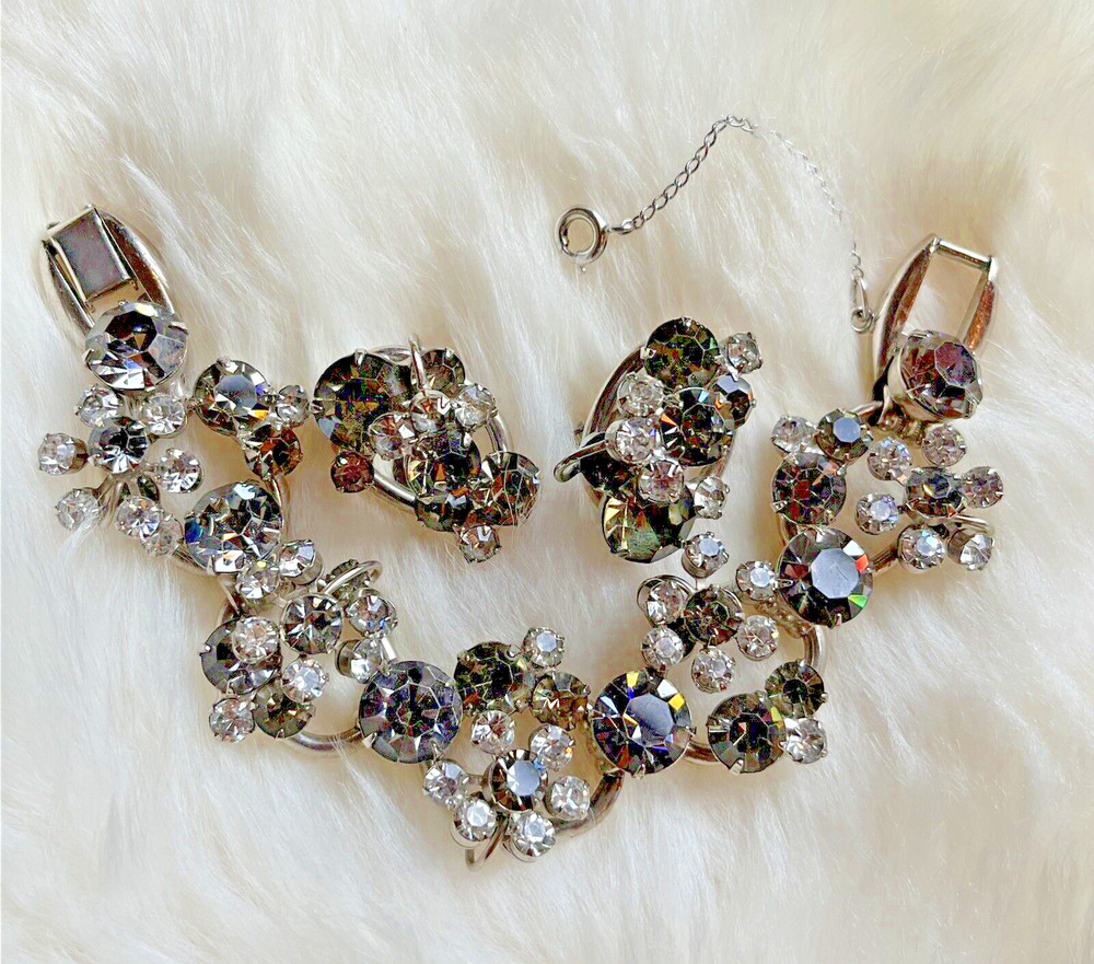 Vintage Juliana Black Gray Clear Rhinestone Cluster 5-Link Bracelet & Earrings