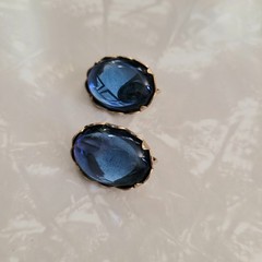 Vintage Mid-Century Emmons Dark Blue Glass Cabochon & Goldtone Clip-on Earrings