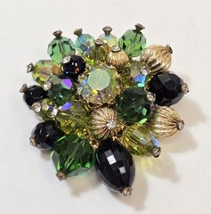 Vintage Vendome Brooch Hreen AB Black Crystal Gold Beads Rhinestones